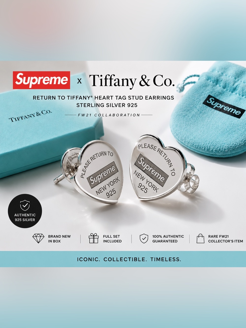 NIB Supreme x Tiffany & Co. Return to Tiffany Heart Tag Stud Earrings Silver 925